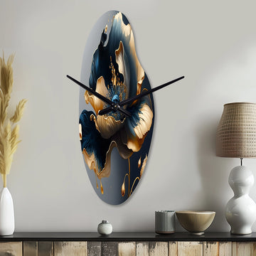 Deep Blue And Gold Single Flower II - Asymmetric Metal Wall Clock